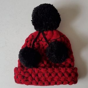 Red and Black Knit Pom Pom Child's Hat